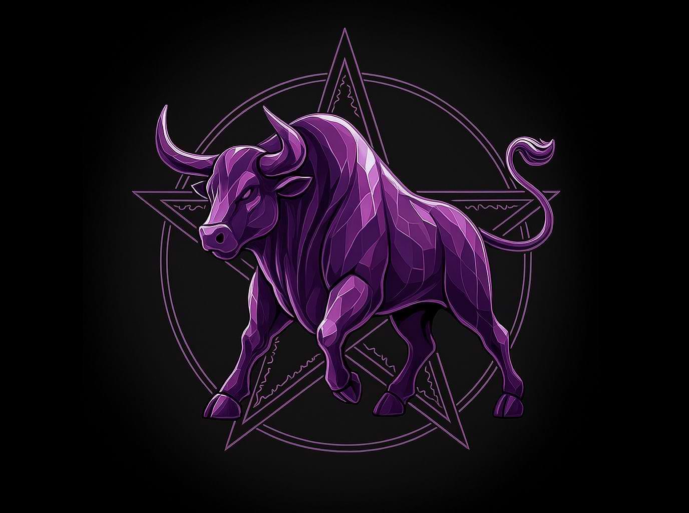 Purple Taurus zodiac bull with pointed horns in front of a glowing pentagram on black background